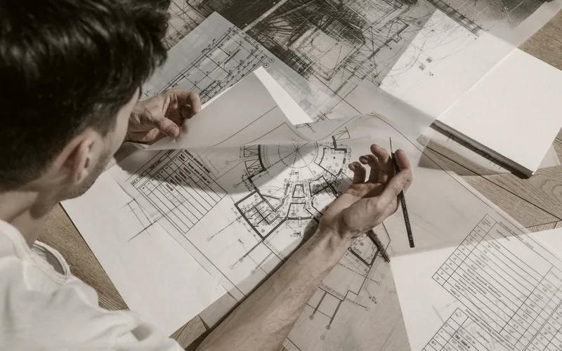 Architectural plans and drawings on a desk
