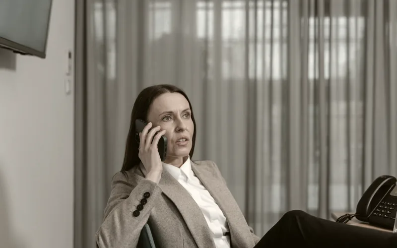 A person taking a phone call at an office window