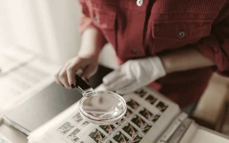 A magnifying glass resting on printed detail